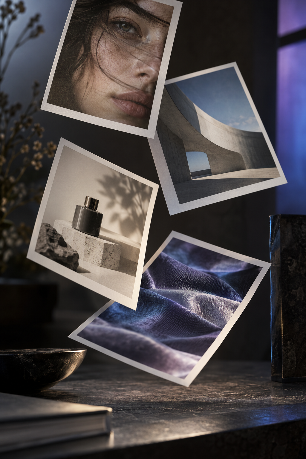 A suspended collection of premium photographic prints