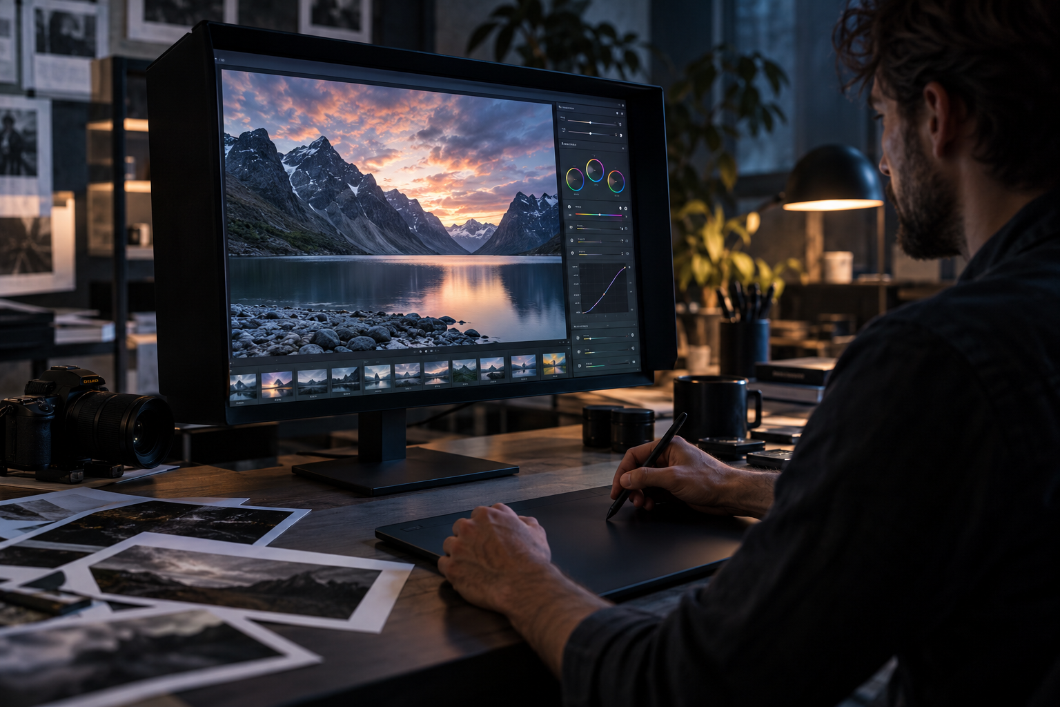 Professional image editor at a calibrated workstation